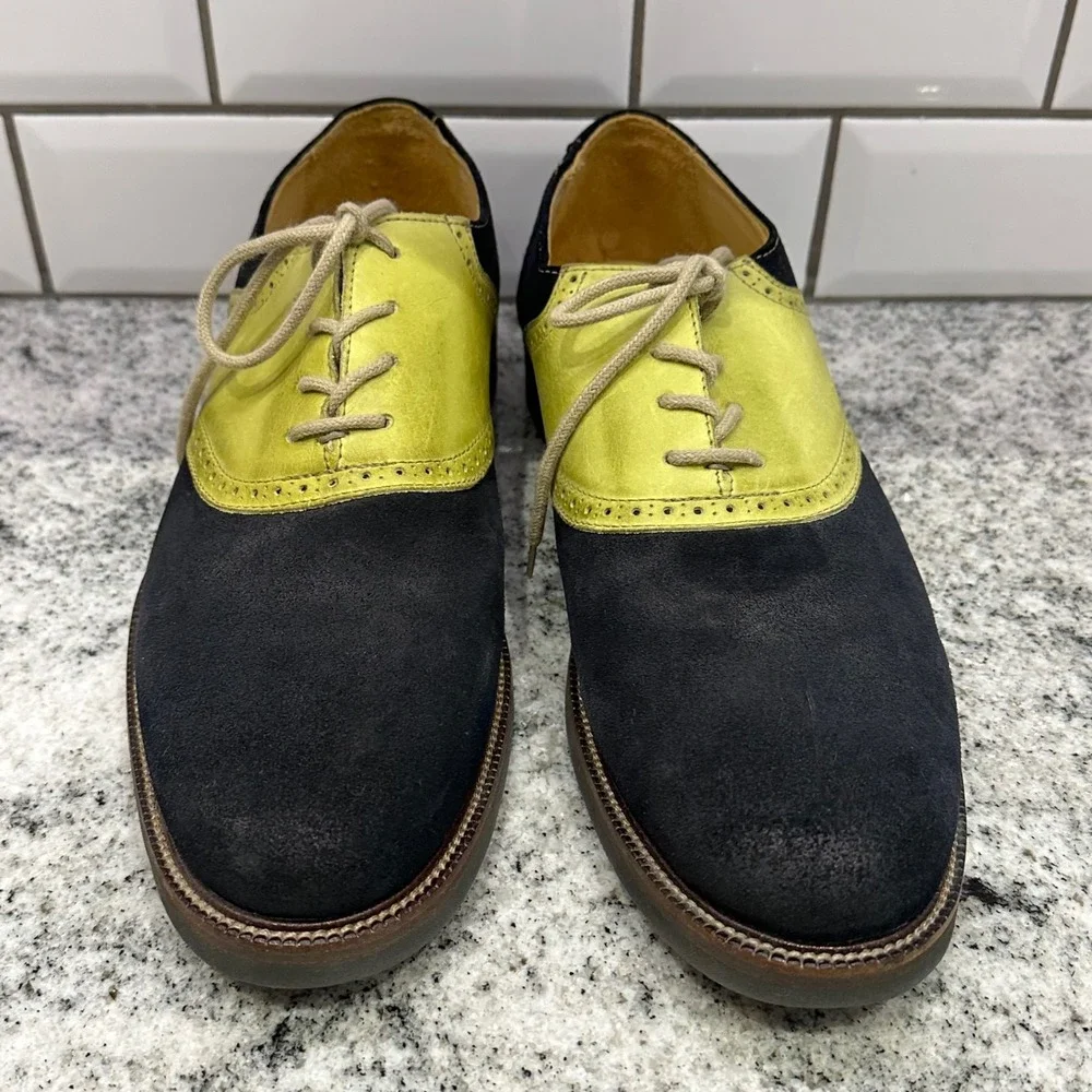 1901 Nordstrom Mens 9.5 Saddle Shoes Navy Lime Green Suede Leather Oxford Retro